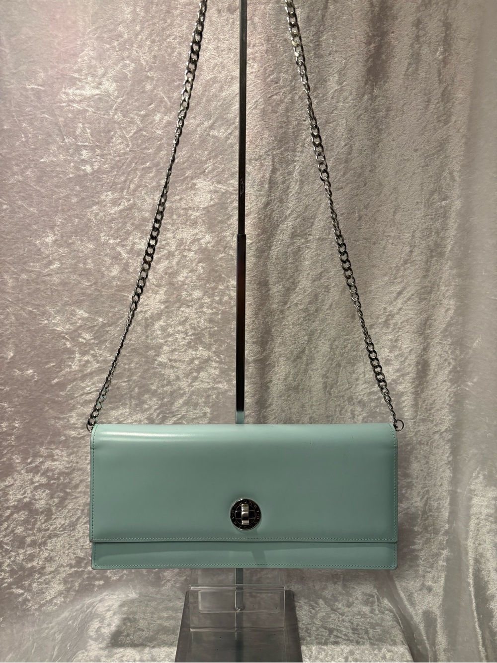 Bvlgari Large Calfskin Leather Shoulder Clutch Mint Green Vintage